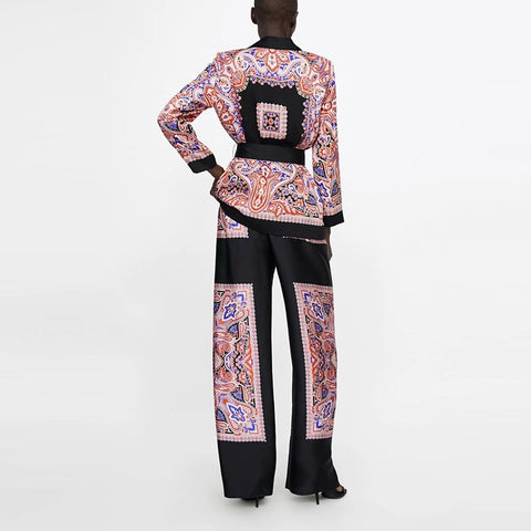 New Fashion Patchwork Floral Elegant V neck Coat Pant Set CODE: KAR1461