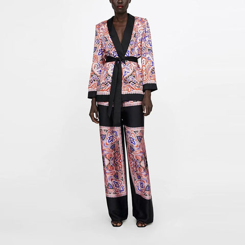 New Fashion Patchwork Floral Elegant V neck Coat Pant Set CODE: KAR1461