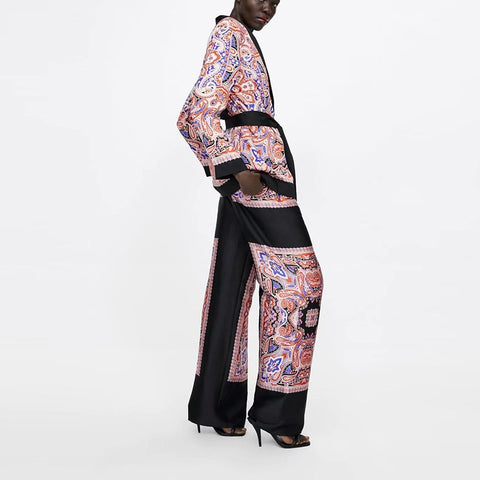 New Fashion Patchwork Floral Elegant V neck Coat Pant Set CODE: KAR1461