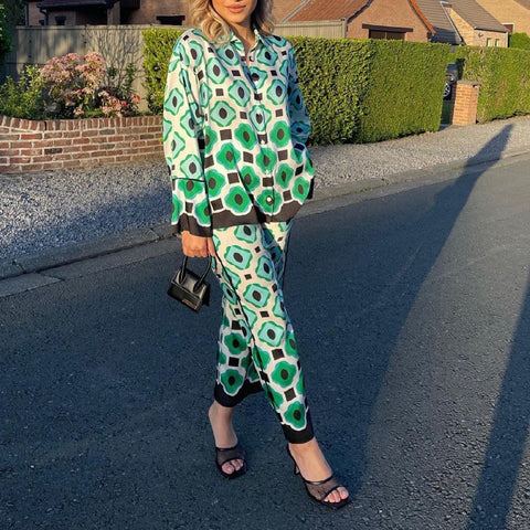New Summer Bohemia Print Loose Lapel Shirt Elastic High Waist Casual Trousers Pant Two-Piece Set CODE: KAR1467