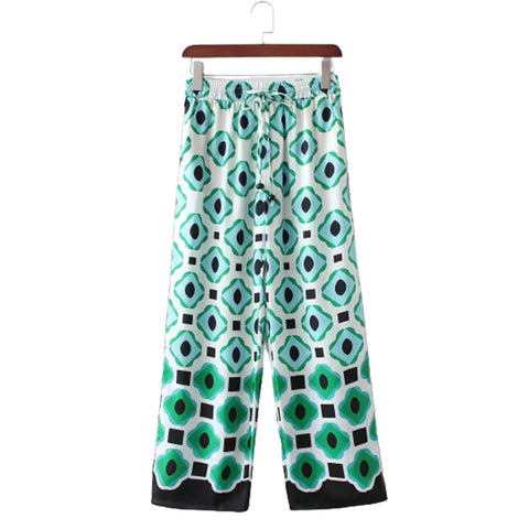 New Summer Bohemia Print Loose Lapel Shirt Elastic High Waist Casual Trousers Pant Two-Piece Set CODE: KAR1467