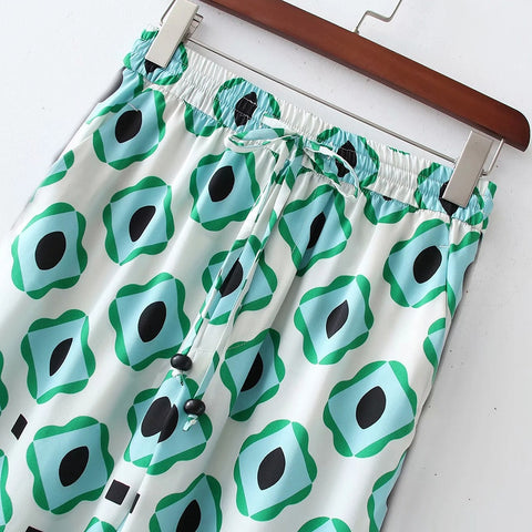 New Summer Bohemia Print Loose Lapel Shirt Elastic High Waist Casual Trousers Pant Two-Piece Set CODE: KAR1467