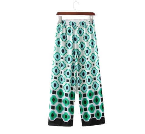 New Summer Bohemia Print Loose Lapel Shirt Elastic High Waist Casual Trousers Pant Two-Piece Set CODE: KAR1467