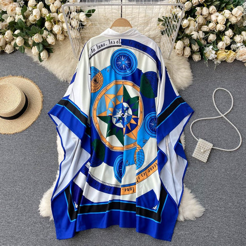 New Retro Print Turn-down Collar Bat Sleeve Casual Loose Dress CODE: KAR1474