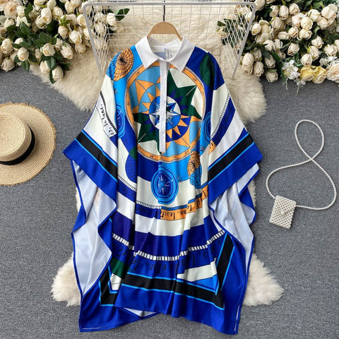 New Retro Print Turn-down Collar Bat Sleeve Casual Loose Dress CODE: KAR1474