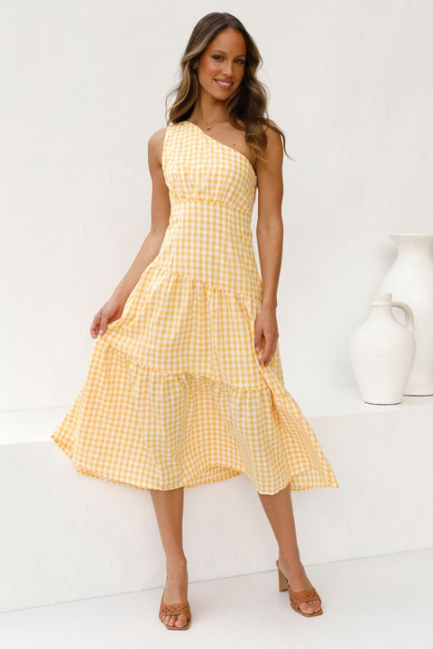Classical Lattice Printed Inclined Shoulder Sleeveless Dress CODE: KAR1478