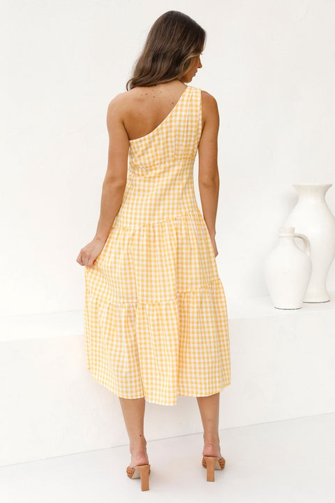Classical Lattice Printed Inclined Shoulder Sleeveless Dress CODE: KAR1478