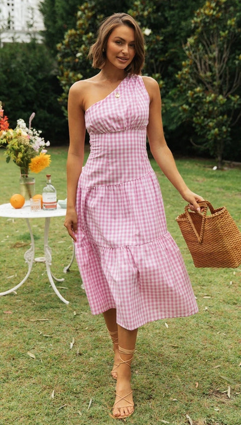 Classical Lattice Printed Inclined Shoulder Sleeveless Dress CODE: KAR1478