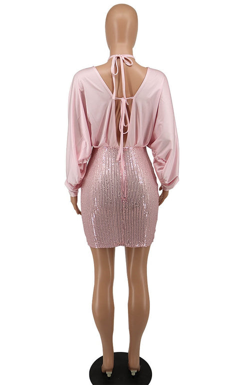 New Solid Bandage Sequins Batwing Sleeve Sexy Celebrity Party Mini Dress CODE: KAR1482