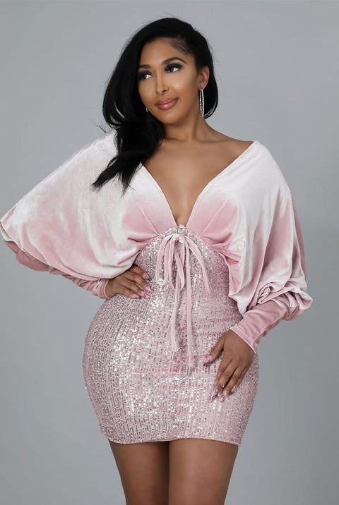 New Solid Bandage Sequins Batwing Sleeve Sexy Celebrity Party Mini Dress CODE: KAR1482