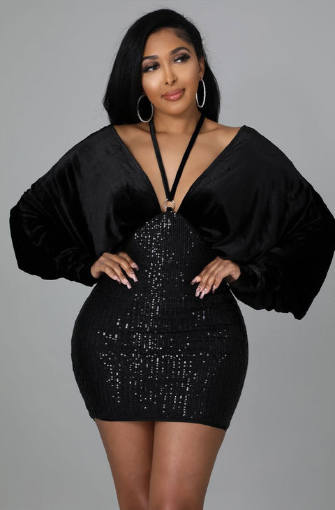 New Solid Bandage Sequins Batwing Sleeve Sexy Celebrity Party Mini Dress CODE: KAR1482