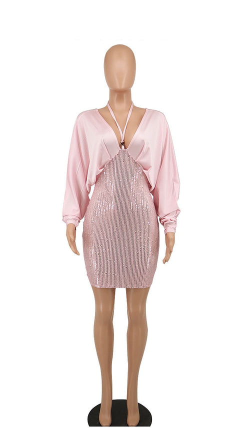 New Solid Bandage Sequins Batwing Sleeve Sexy Celebrity Party Mini Dress CODE: KAR1482