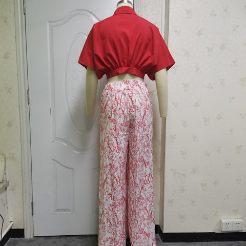 Sexy Mid Sleeve Shirt Floral Print Wide Leg Pant  Two Piece Set CODE: KAR1483