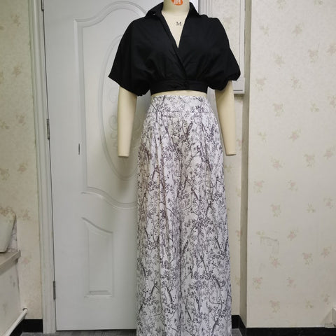 Sexy Mid Sleeve Shirt Floral Print Wide Leg Pant  Two Piece Set CODE: KAR1483