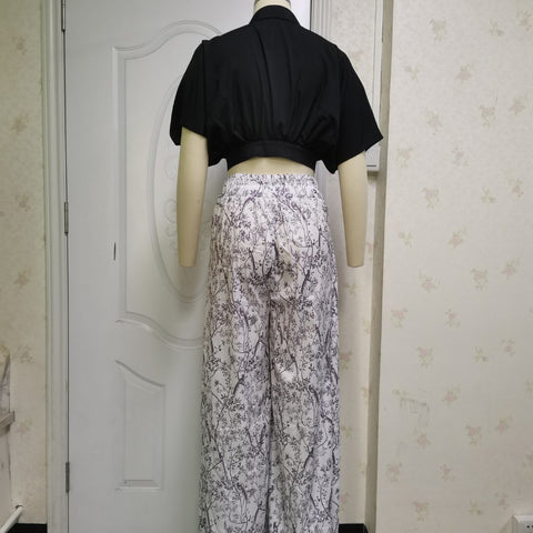 Sexy Mid Sleeve Shirt Floral Print Wide Leg Pant  Two Piece Set CODE: KAR1483