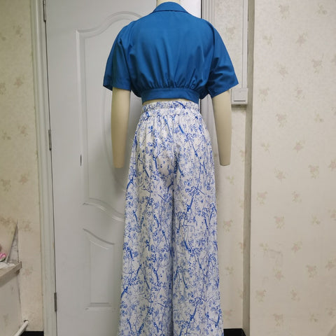 Sexy Mid Sleeve Shirt Floral Print Wide Leg Pant  Two Piece Set CODE: KAR1483
