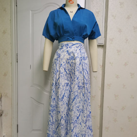 Sexy Mid Sleeve Shirt Floral Print Wide Leg Pant  Two Piece Set CODE: KAR1483