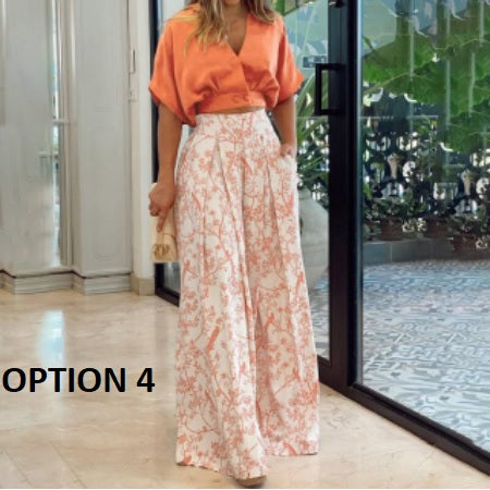 Sexy Mid Sleeve Shirt Floral Print Wide Leg Pant  Two Piece Set CODE: KAR1483