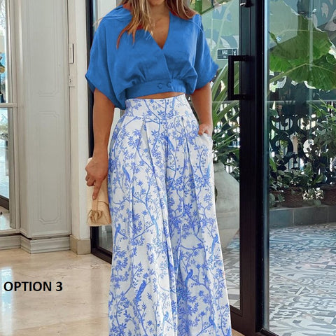 Sexy Mid Sleeve Shirt Floral Print Wide Leg Pant  Two Piece Set CODE: KAR1483