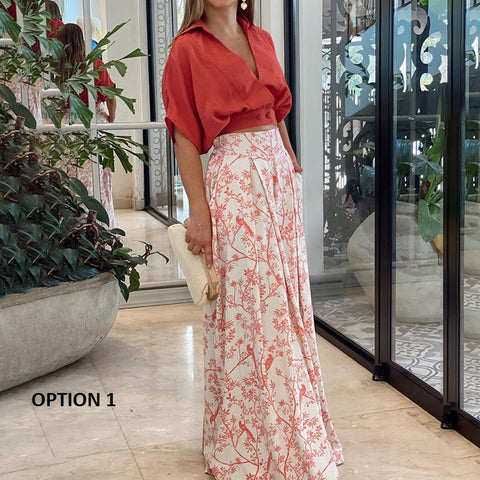 Sexy Mid Sleeve Shirt Floral Print Wide Leg Pant  Two Piece Set CODE: KAR1483