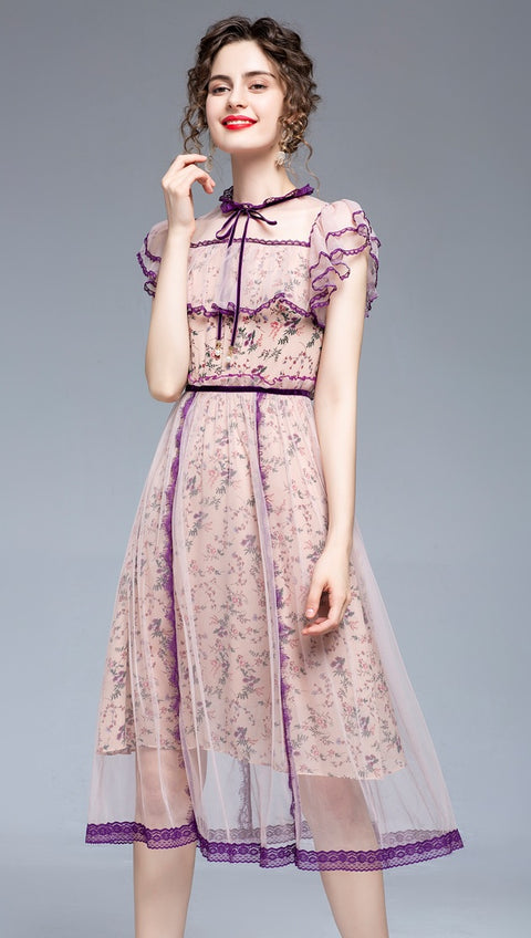 New Elegant Casual Butterfly Sleeve Ruffles Bow High Waist Floral Dress CODE: KAR1489