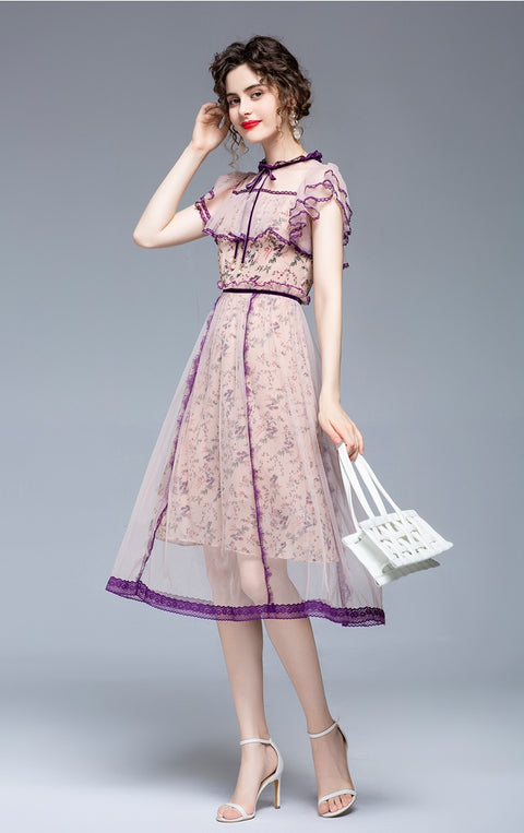 New Elegant Casual Butterfly Sleeve Ruffles Bow High Waist Floral Dress CODE: KAR1489