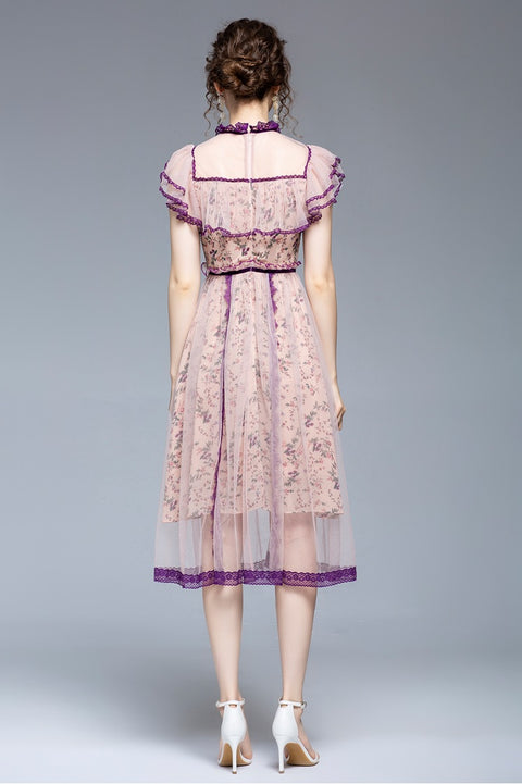 New Elegant Casual Butterfly Sleeve Ruffles Bow High Waist Floral Dress CODE: KAR1489