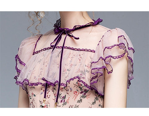 New Elegant Casual Butterfly Sleeve Ruffles Bow High Waist Floral Dress CODE: KAR1489