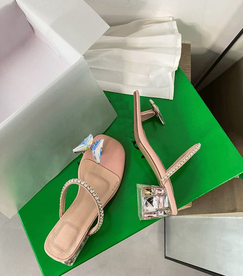 New Crystal Rhinestone Thick High Heel Set Toe Line Sandal CODE: KAR1490