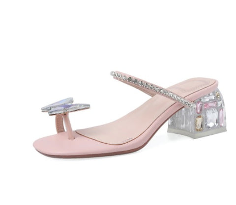 New Crystal Rhinestone Thick High Heel Set Toe Line Sandal CODE: KAR1490