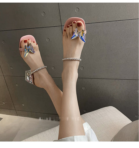 New Crystal Rhinestone Thick High Heel Set Toe Line Sandal CODE: KAR1490