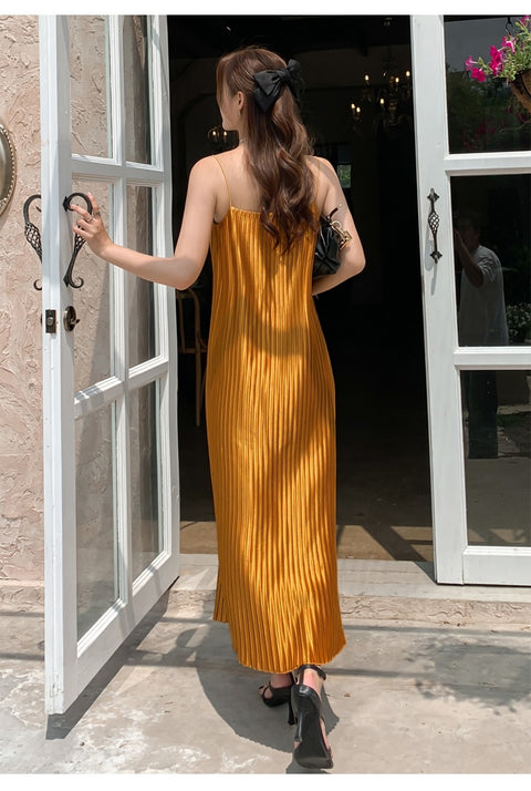 Summer Sleeveless Drapped Casual Maxi Satin Slip Dress CODE: KAR1497