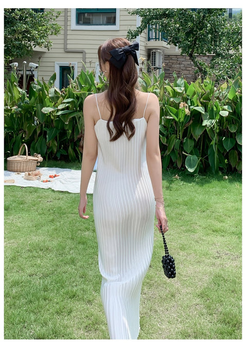 Summer Sleeveless Drapped Casual Maxi Satin Slip Dress CODE: KAR1497