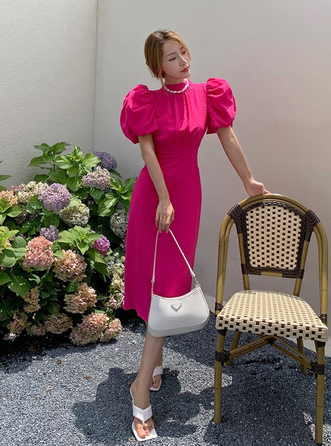Summer Back Lace Up Rose Red Elegant Mid Puff Sleeved Dress CODE: KAR1500