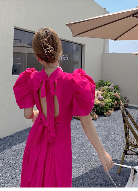 Summer Back Lace Up Rose Red Elegant Mid Puff Sleeved Dress CODE: KAR1500