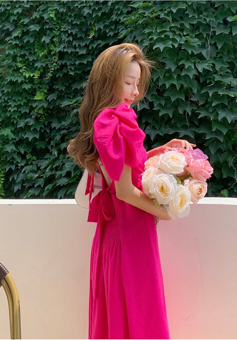 Summer Back Lace Up Rose Red Elegant Mid Puff Sleeved Dress CODE: KAR1500