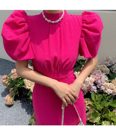 Summer Back Lace Up Rose Red Elegant Mid Puff Sleeved Dress CODE: KAR1500