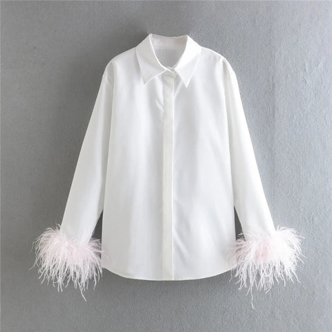 New Elegant Feather Long Sleeve Collared Button Up Shirt CODE: KAR1501