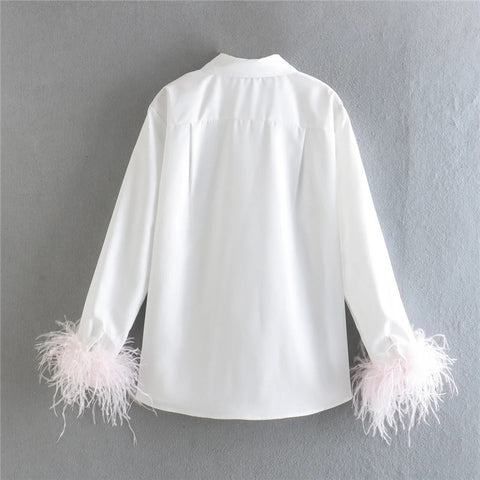 New Elegant Feather Long Sleeve Collared Button Up Shirt CODE: KAR1501