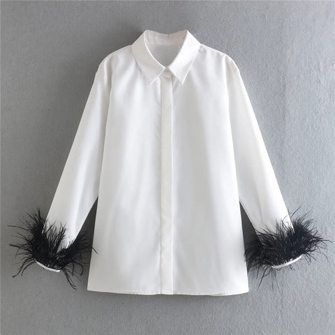 New Elegant Feather Long Sleeve Collared Button Up Shirt CODE: KAR1501