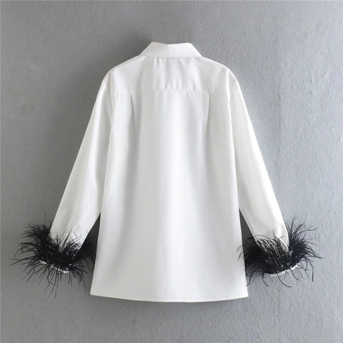 New Elegant Feather Long Sleeve Collared Button Up Shirt CODE: KAR1501