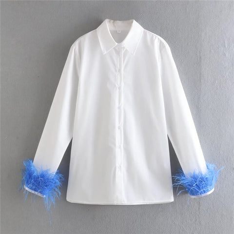 New Elegant Feather Long Sleeve Collared Button Up Shirt CODE: KAR1501