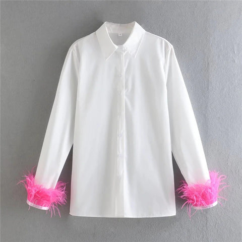 New Elegant Feather Long Sleeve Collared Button Up Shirt CODE: KAR1501