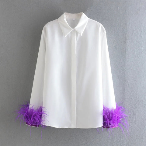 New Elegant Feather Long Sleeve Collared Button Up Shirt CODE: KAR1501