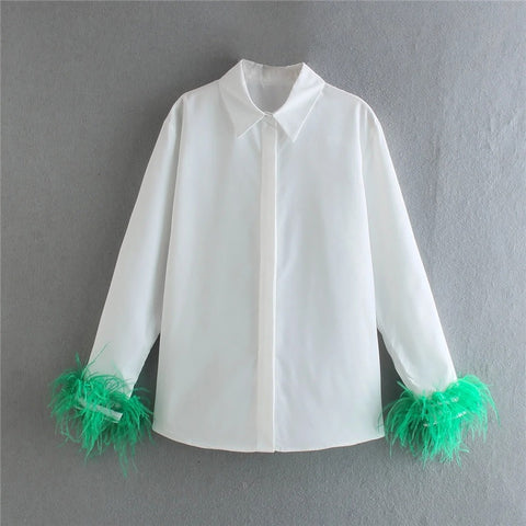 New Elegant Feather Long Sleeve Collared Button Up Shirt CODE: KAR1501