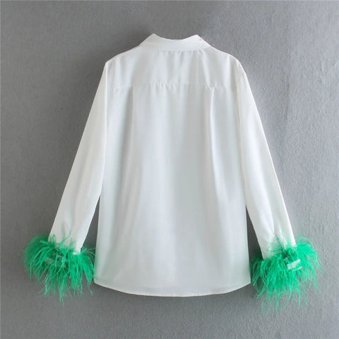 New Elegant Feather Long Sleeve Collared Button Up Shirt CODE: KAR1501