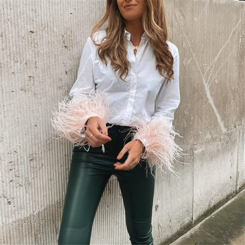 New Elegant Feather Long Sleeve Collared Button Up Shirt CODE: KAR1501