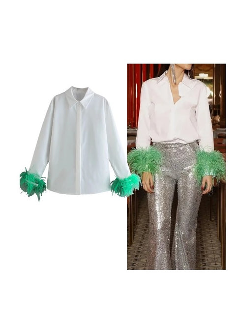 New Elegant Feather Long Sleeve Collared Button Up Shirt CODE: KAR1501