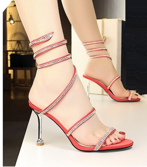 Sexy Stiletto High-heel  Rhinestone Ankle Snake Wrap Strap Sandals CODE: KAR1502