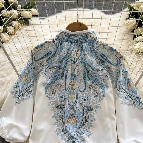 New Long Lantern Sleeve Single Breasted Print Shirt + Wide Leg Shorts Two Piece Set CODE: KAR1507